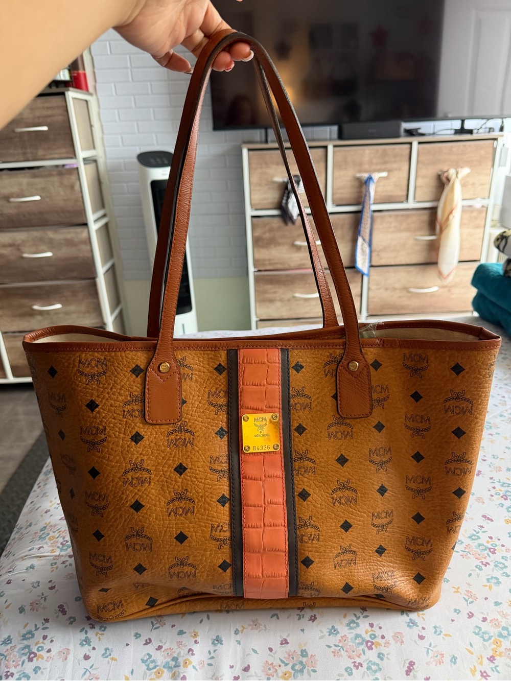 MCM Cognac Visetos Tote with Orange Center Stripe